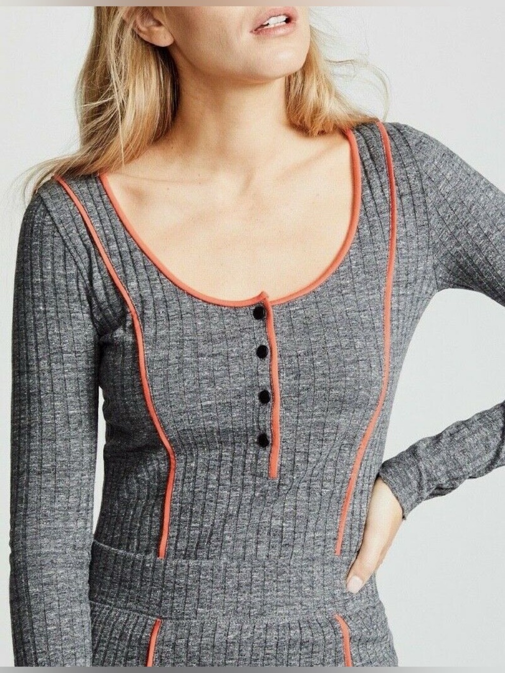 rag & bone Gray Ribbed Long-Sleeve Henley with Orange Trim